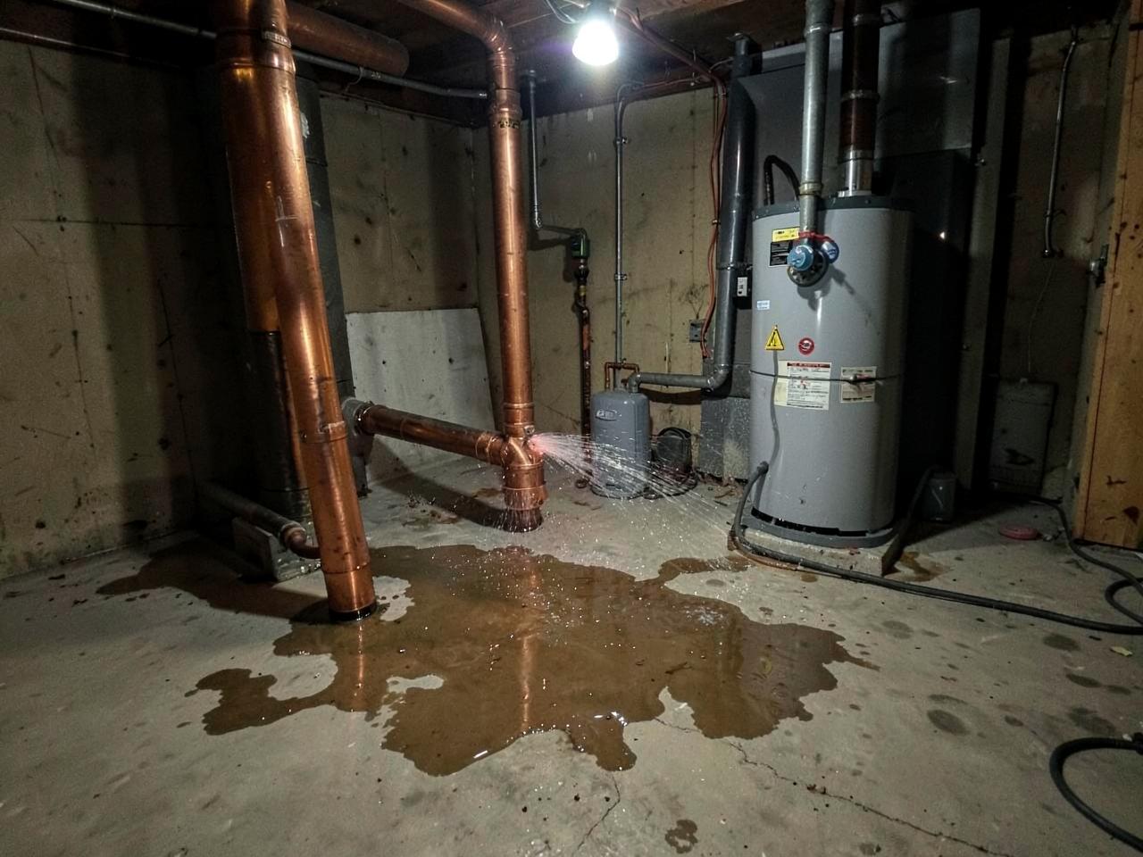 Burst copper pipe spraying water in a basement utility room