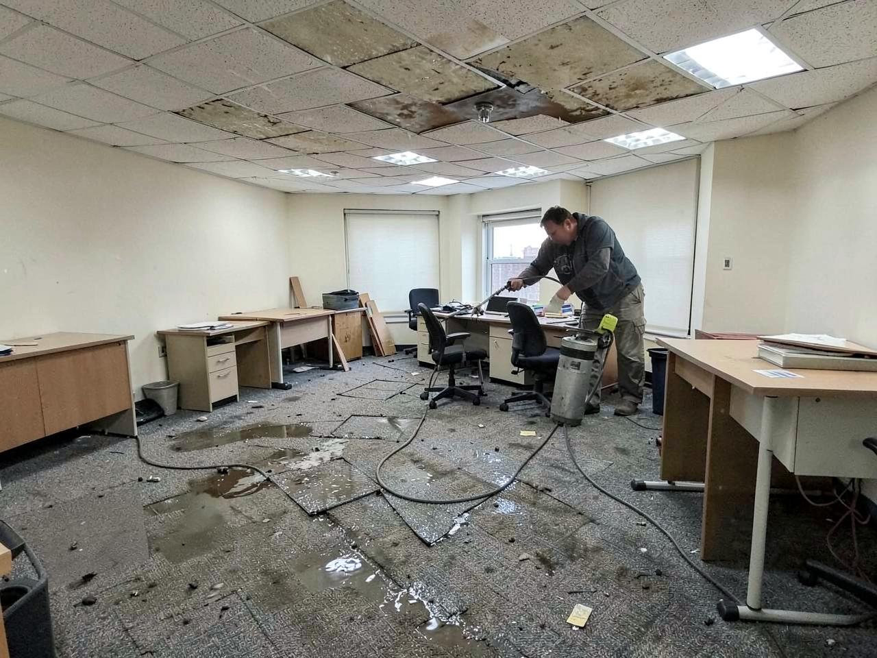 Technician extracting water from carpet tiles in a flooded Mississauga office