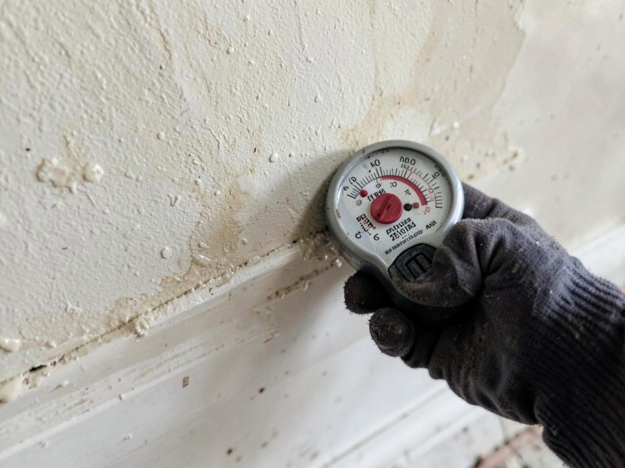 Technician checking a water-stained wall with a moisture meter